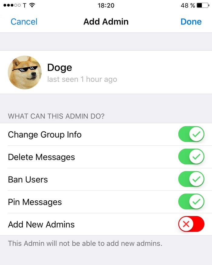 Official Telegram administrator-rights interface used as an ownership reference